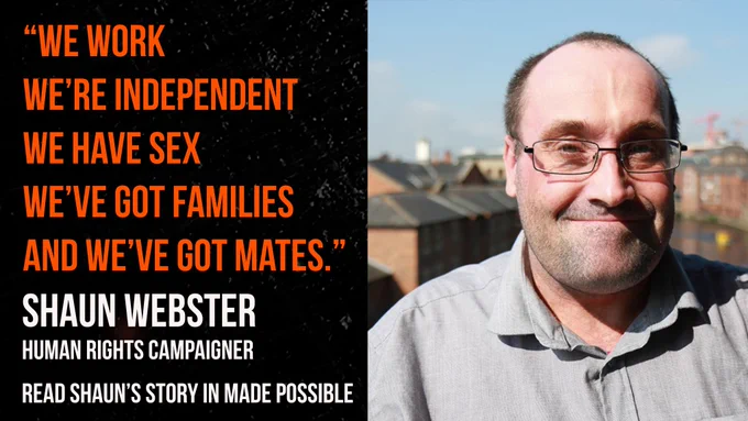 Shaun smiles at the camera. Text to the left of his photo reads:"We work. We're independent. We have sex. We've got families. And we've got mates."