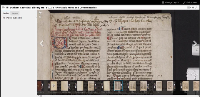 Screenshot of the Durham Priory Library image viewer showing the opening page of a medieval manuscript.