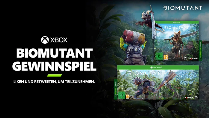 Das Bild zeigt die Biomutant Atomic Edition sowie die Collector's Edition.
Der Bildtext lautet: Gewinnspiel - kommentieren & Liken, um zu gewinnen.
