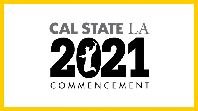 Cal State LA 2021 Commencement with gold border. Graduate jumping in zero.