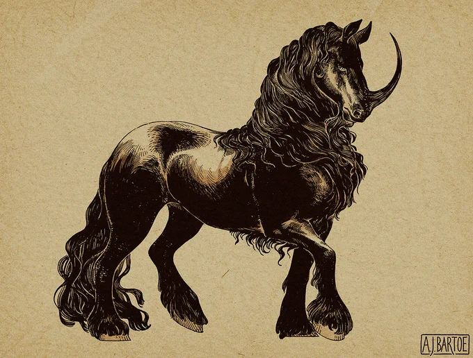 A digital illustration of a unicorn resembling a black Friesian horse with a thin, curved horn.