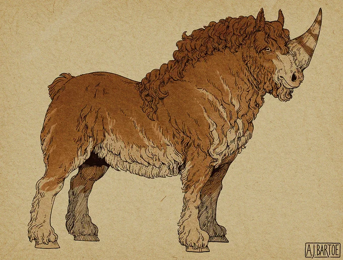 A digital illustration of a unicorn resembling a wooly draft horse with a thick, wedge-shaped horn.