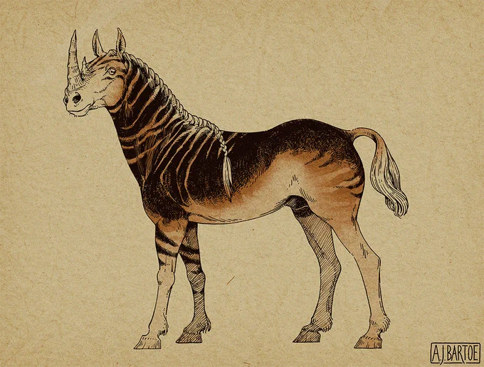 A digital illustration of a striped bicorn horse resembling a quagga with two rhinoceros horns.