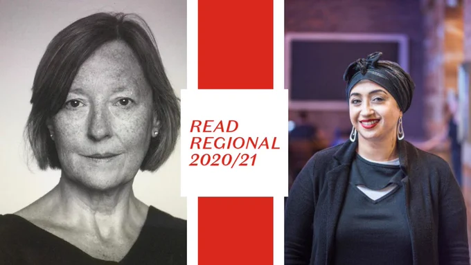 Photos of Linda France and Hafsah Aneela Bashir side by side. A logo between the two reads 'READ REGIONAL 2020/21'.