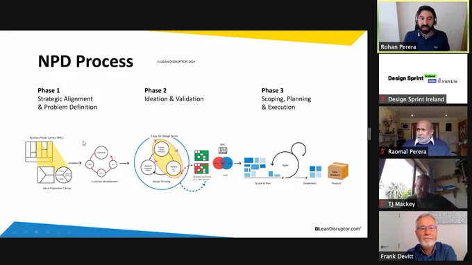 Rohan Perera sharing the New Product Development Process, a Lean Disruptor 3 phase framework for organisations developing new products or services.