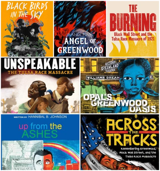 A collage of book covers featuring books about the 1921 Tulsa Race Massacre.
