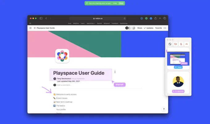 Image of notion document in a browser window with live cursors and annotation. To its right is the Float Mode version of the Playspace app