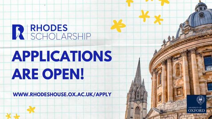 Text reads: "Application are Open" with the Apply URL next to a photo of the Radcliffe Camera (in Oxford).