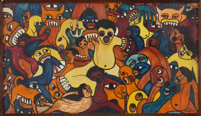 A vibrant oil painting covered with densely packed writhing figures which are outlined in black and painted in bright shades of orange, yellow, blue and red.