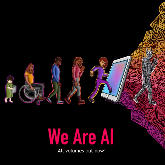 We Are AI cover - lineup of a kid with a toy, a woman in a wheelchair, and man and two women, walk in single file, towards a large screen, an android exits from the other end. 