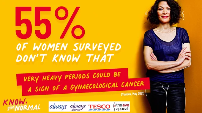 on a yellow background is a woman with a navy top on and black trousers with her arms folded. Next to her in red and white writing is the stat from above, and the Know Your Normal logo