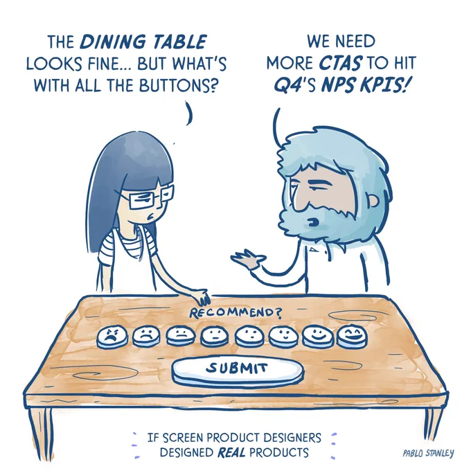 Frances and Paul stand next to a wooden table. The table has several buttons aligned horizontally. They have faces painted on them that go from angry to happy from left to right. Frances seems curious.

FRANCES: The dining table looks fine… but what’s with all the buttons?

PAUL: We need more CTAs to hit Q4’s NPS KPIs!