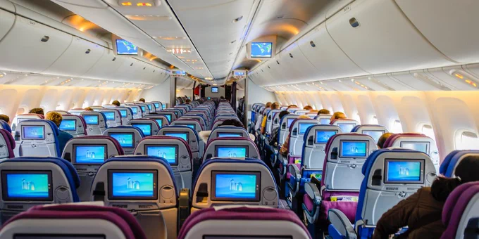 Inside of an aircraft cabin.
