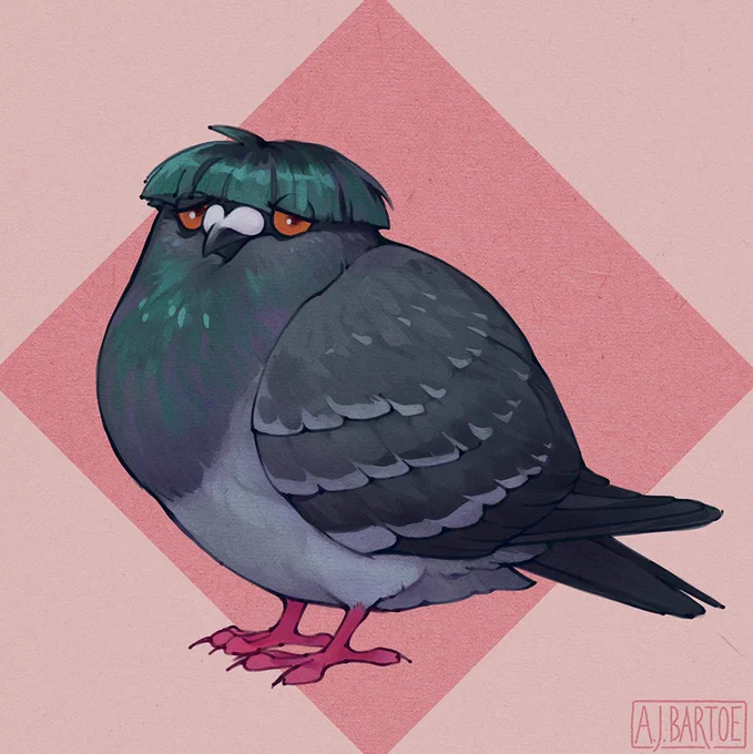 A digital painting of a fat grey pigeon with a bowl-cut hairstyle.