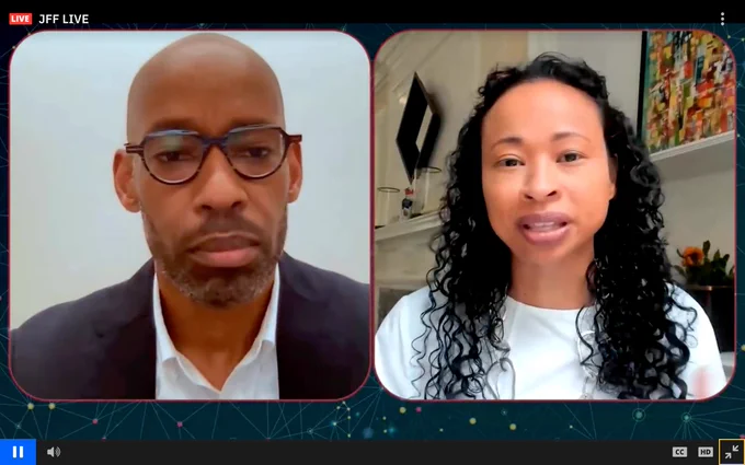 Michael Collins at left and Dalila Wilson-Scott at right in conversation (two headshots in video call)