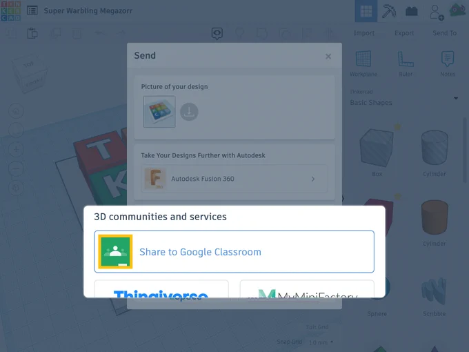 With the most recent update, we’ve closed the loop on Google Classroom compatibility so that Tinkercad designs can be both assigned by teachers, and submitted by students.