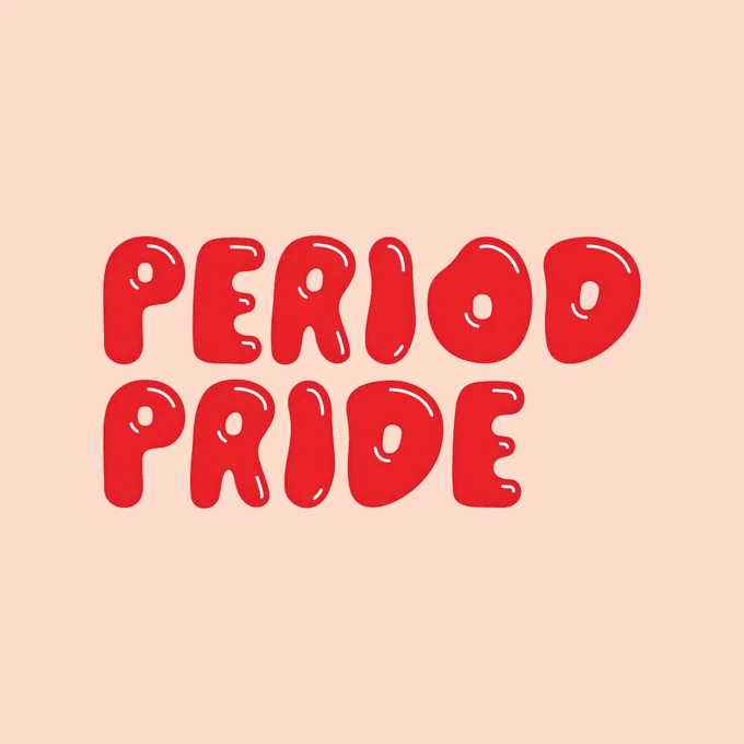 Red, liquid like text spelling Period Pride on a light pink background.