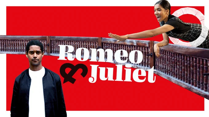 A bold red background, the the text: Romeo & Juliet in white letters. A wooden balcony crosses the image from left to right. Alfred Enoch stars moodily to camera, bottom left, whilst Rebekah Murrell leans on the balcony and reaches a hand out, smiling, top right.