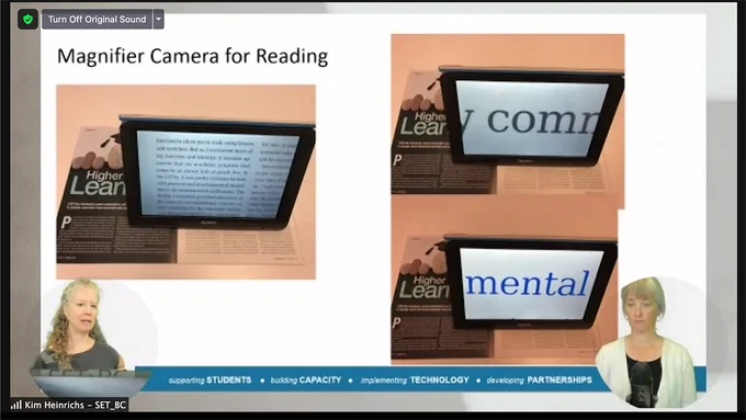 A virtual meeting screen enttitled "Magnifier Camera for Reading" shows three images of a magnifier with different text examples.  Educators Kim and Naomi are in the bottom of corners of the screen.
