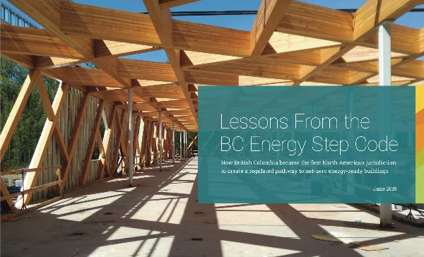 white text on teal: Lessons from the BC Energy StepCode under a wood-frame ceiling structure casting shadows over concrete under a blue sky.