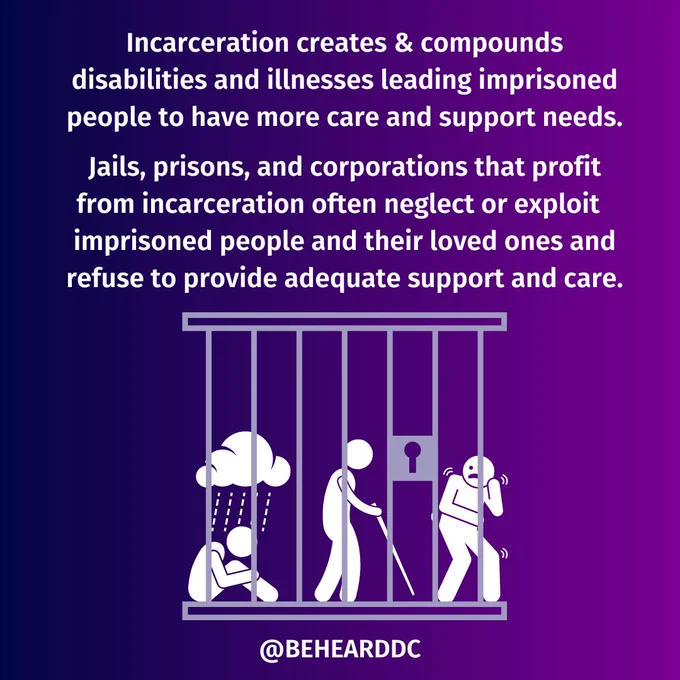 Text says Incarceration creates & compounds disabilities and illnesses leading imprisoned people to have more care and support needs.

Jails, prisons, and corporations that profit from incarceration often neglect or exploit imprisoned people and their loved ones and refuse to provide adequate support and care.

Bottom of this slide shows a gray cell with three people inside. The first person is sitting on the floor with a rain cloud over their head, showing mental distress. The center person is walking with a cane. The third person is crouched with hands up, looking afraid.

There is a gradient background of dark blue to dark purple, from left to right. All Text and images are in white, and the bottom of the slide is labeled @behearddc