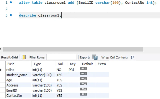 Adding multiple columns at once in classroom1 table.