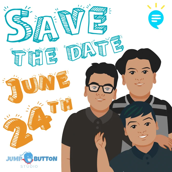 The image is fully illustrated, and features three boys of different heights, each with dark hair. One has glasses on, one waves, and each are smiling. Around them are the words in playful colors and fonts: "Save the date June 24th"