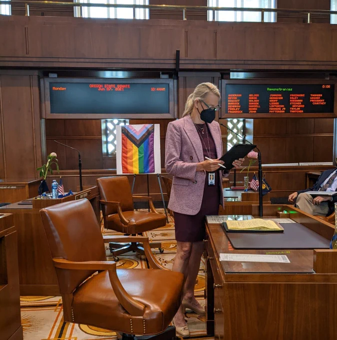 Senator Kate Lieber stands on the Oregon Senate Floor to deliver her remonstrance. Behind her is the Progressive Pride Flag used as a visual aid. The flag is striped horizontally with the colors of the rainbow: purple, blue, green, yellow, orange, and red. On the left side of the flag, there is a chevron. This chevron includes the colors (from center to outside) white, pink, light blue, brown, and black.