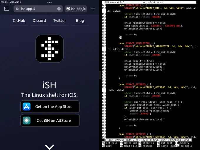 iSH in split screen with Safari running on iOS 15. Safari is navigated to ish.app and another tab for the GitHub page for the project can be seen in the background. iSH is running nano, editing its own source code: specifically, kernel/ptrace.c. The file is centered around line ~170.