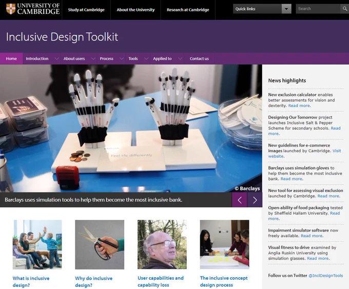 Screenshot of the front page of the Inclusive Design Toolkit, with a photo of dexterity impairment gloves, news highlights and various sections