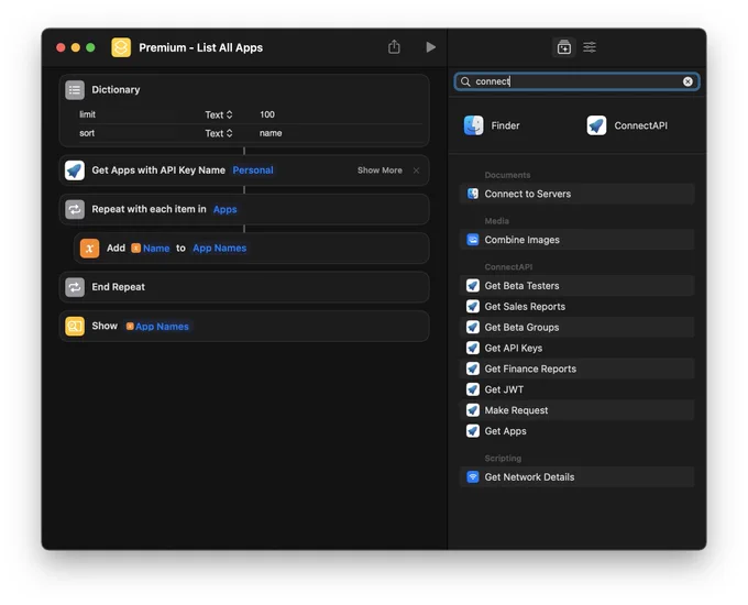 List all apps in App Store Connect with ConnectKit 