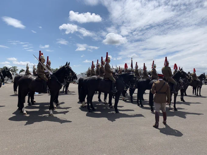 Soldiers are still and horses steady whilst under the watchful eye of the adjutant.
