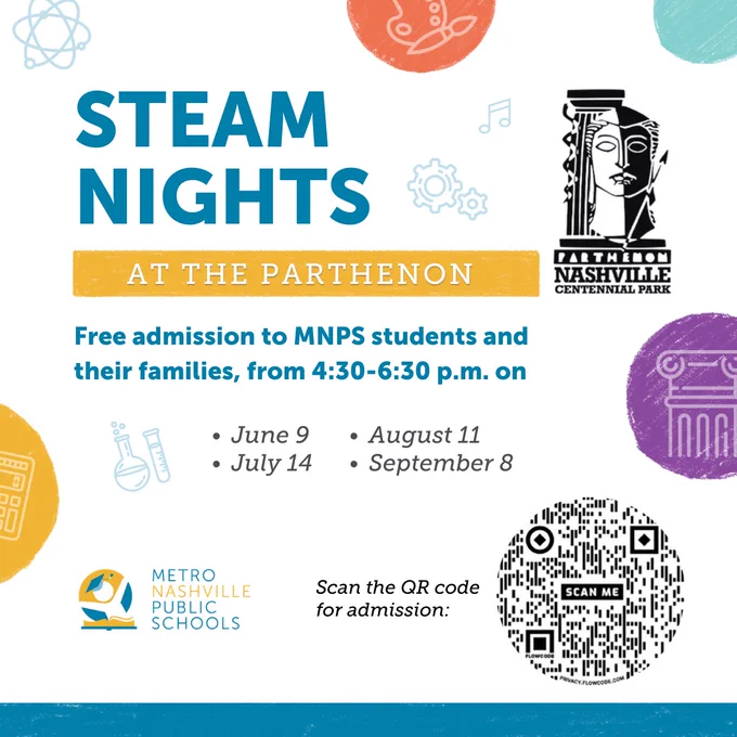 STEAM Nights headline with dates of June 9, July 14, August 11, September 8 for free admission during steam nights.