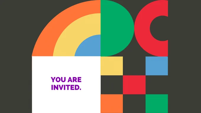 An abstract graphic with various modern shapes, including bold circles and checkered squares. The shapes are in rainbow colors set on a black background, with a large purple heading You are Invited.