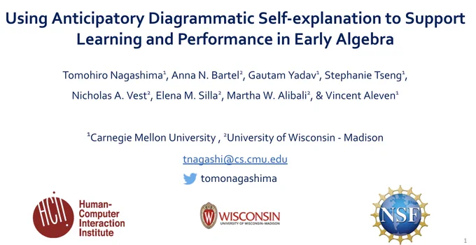 Talk title page, saying "Using Anticipatory Diagrammatic Self-explanation to Support Learning and Performance in Early Algebra".