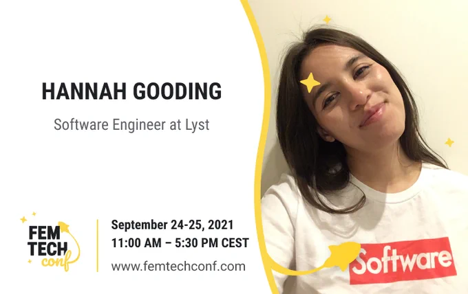 Hannah Gooding: Speaker card for FemTechConf. Software Engineer at Lyst