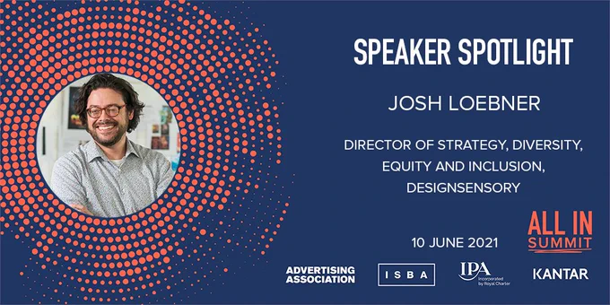 Josh Loebner is smiling with his arms confidently crossed featured in a circle graphic and text noting him as a Speaker Spotlight. 