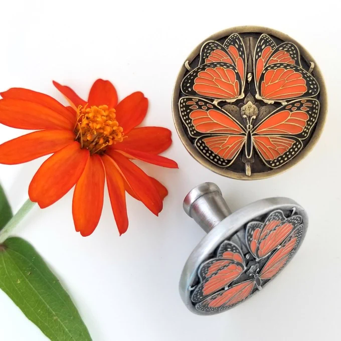 Colorful hand-painted monarch butterfly cabinet knobs in the Arts & Crafts style. Made in the USA. 