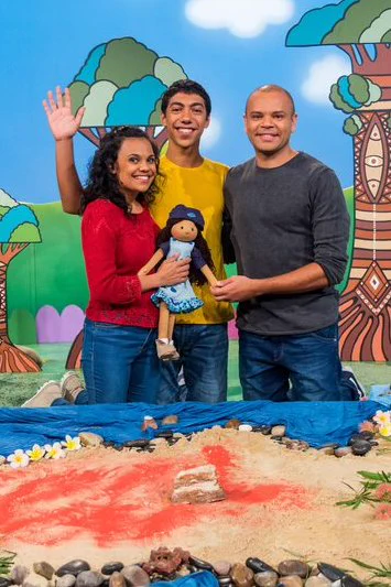 Three presenters on ABC play school during Naidoc week in 2019