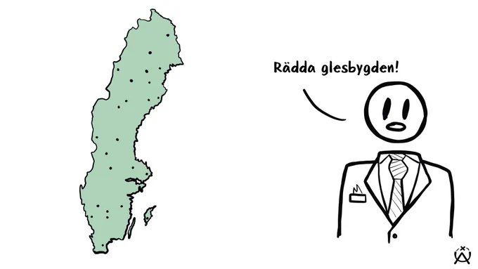En karta över Sverige med glesbygdsorter markerade samt en person som säger: "Rädda glesbygden!