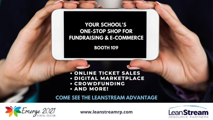 Hands holding cell phone describing school fundraising and e-commerce services