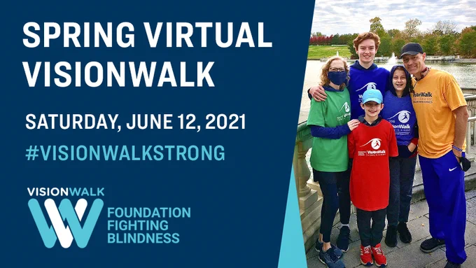 Text on the left that says, "Spring Virtual VisionWalk, Saturday, June 12, 2021, #VisionWalkStrong" with the VisionWalk logo underneath. To the right is a family celebrating the Virtual VisionWalk wearing their past VisionWalk t-shirts.