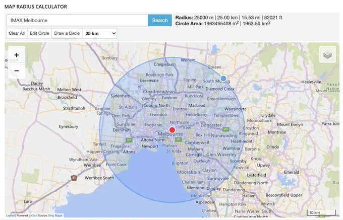 25km radius for Melbourne's IMAX giant screen theatre at Melbourne Museum