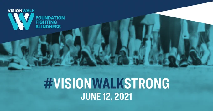 People's feet running with two beams at the top and text at the bottom that says, "VisionWalkStrong, June 12, 2021"