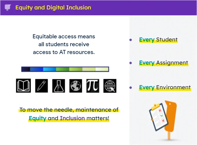 Equity and Digital Inclusion image. 
Equitable access means all students receive access to assistive technology resources. Every student, every assignment, and every environment. To move the needle, maintenance of equity and inclusion matters! 