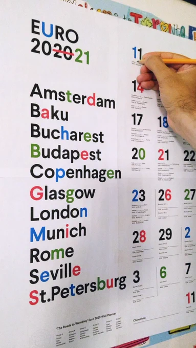 Patterns of Play designed a colourful typographic Euro 2020 poster/wallchart for tracking matches and scores in the European football championship tournament. Here I am filling out the first result with a pencil, having hung the poster on the wall