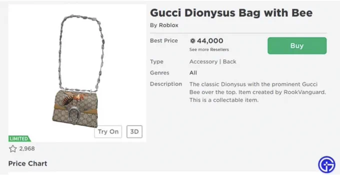Gucci bag with bee resold on roblox