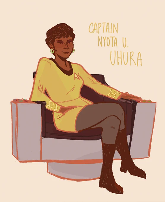 A digital colored sketch of Uhura from Star Trek, sitting on the captain's chair with her legs crossed. Her miniskirt dress is golden and has three stripes, indicating her status as Captain. She is also wearing dark leggings and black boots. Besides her, in gold, it reads CAPTAIN NYOTA U. UHURA.