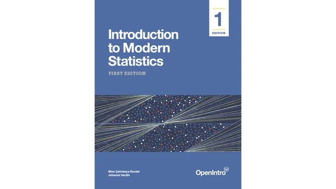 Front cover of Introduction to Modern Statistics, First Edition. The cover has a blue background and the cover art resembles bootstrapped regression lines with multicolored points between them.