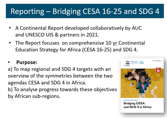 Africa representative at #GlobalCommittee for #education @UNESCO showcases the "Bridging #CESA and #SDG4 in Africa" report which maps symmetries between the two agendas   Report here: http://tcg.uis.unesco.org/wp-content/uploads/sites/4/2021/01/UNESCO_UIS_Africa-Report-2021.pdf  @UNESCOstat @UNESCO_Dakar @_AfricanUnion